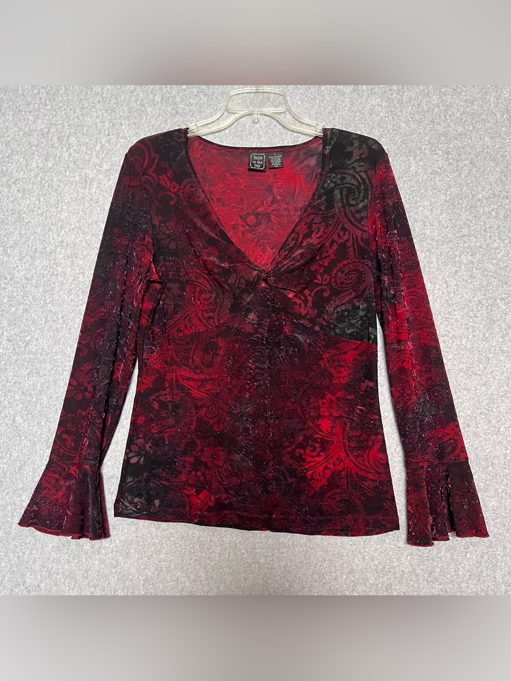 Suzie in the City VTG Y2K Gothic Boho Burnout Velvet Bell Sleeve Top Sz L/M Red